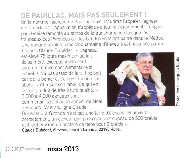 article sur l'agneau de Pauillac - Sud Ouest Gourmand mars 2013