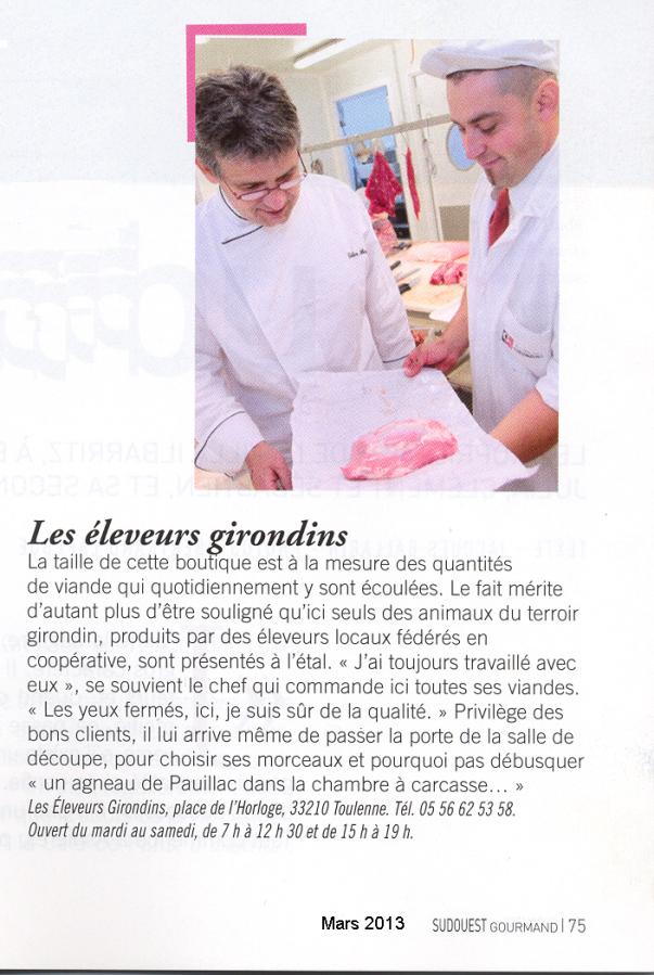 article sur les Eleveurs Girondins - Sud Ouest Gourmand mars 2013